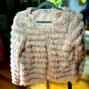 Military Hippie faux fur/fringe jacket, medium, dusty pink/nude